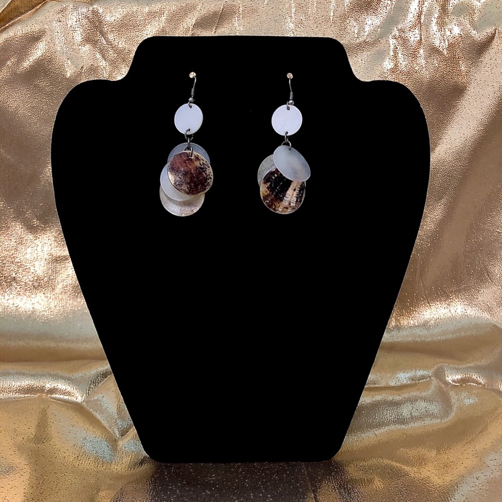 Dangly Seashell Drop Earrings Two-Tier Abalone Chandelier White Brown Iridescent